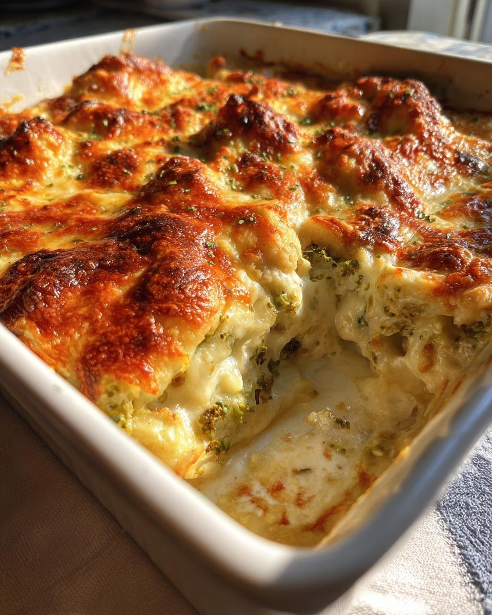 A close-up of a baked Creamy Cauliflower Brussels Sprouts Casserole with a bubbly, browned cheese crust.