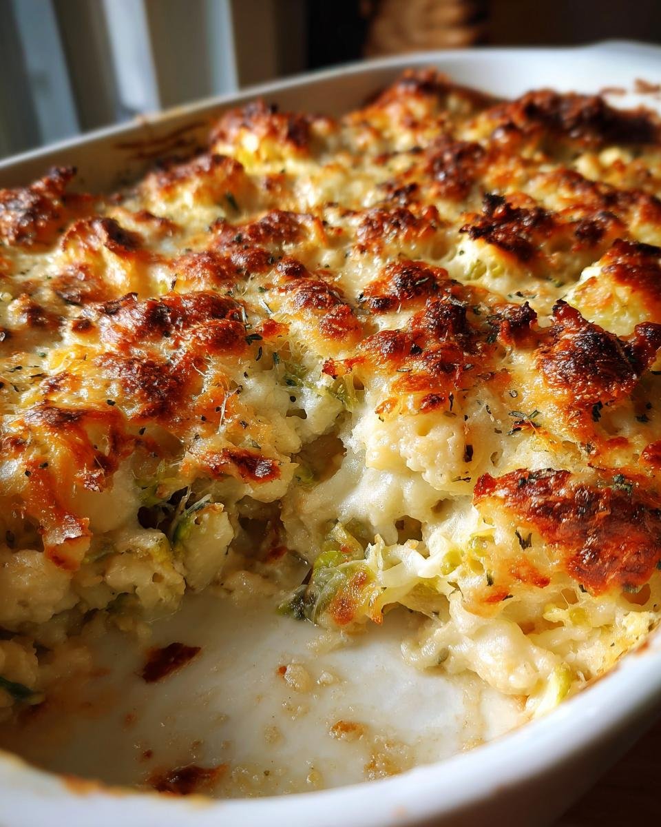 Close-up of a baked Creamy Cauliflower Brussels Sprouts Casserole with a bubbly, browned cheese topping.
