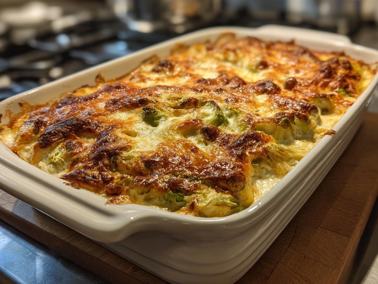A golden-brown, bubbling Creamy Cauliflower Brussels Sprouts Casserole fresh from the oven in a white baking dish.