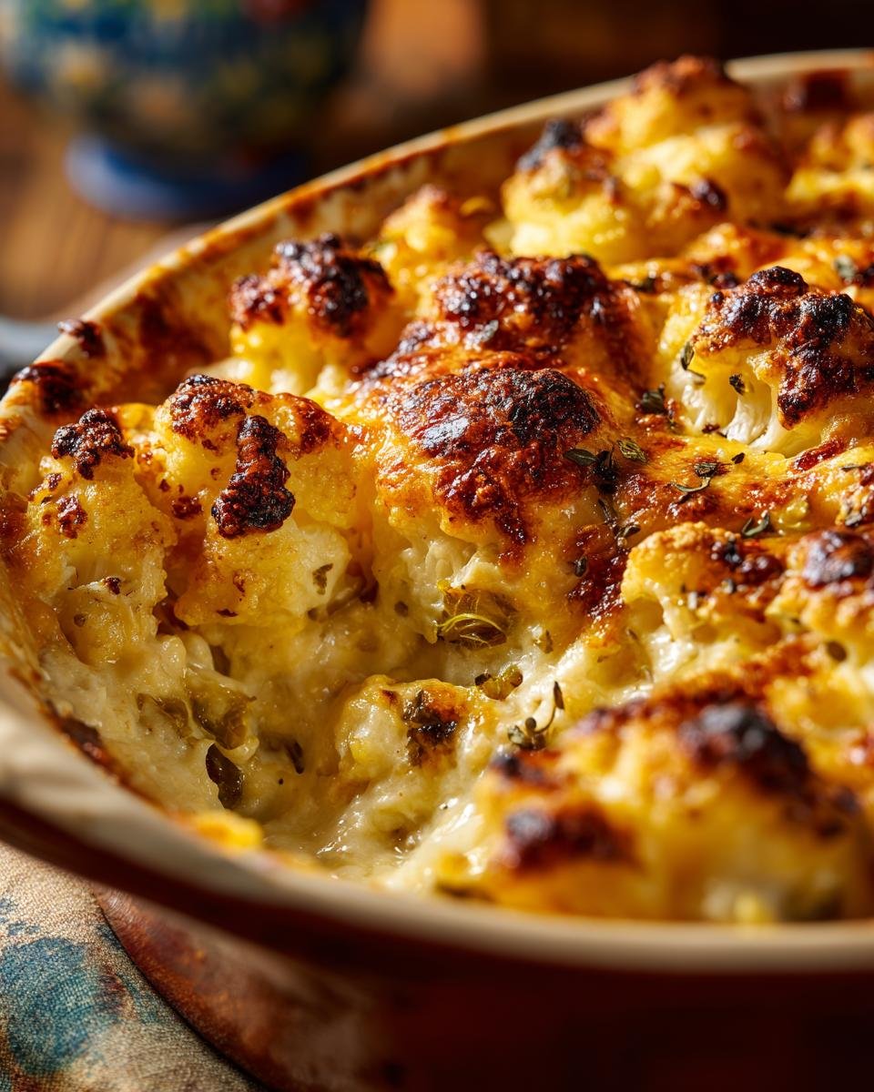 Close-up of a rich Creamy Cauliflower Brussels Sprouts Casserole with a bubbly, browned cheese topping.