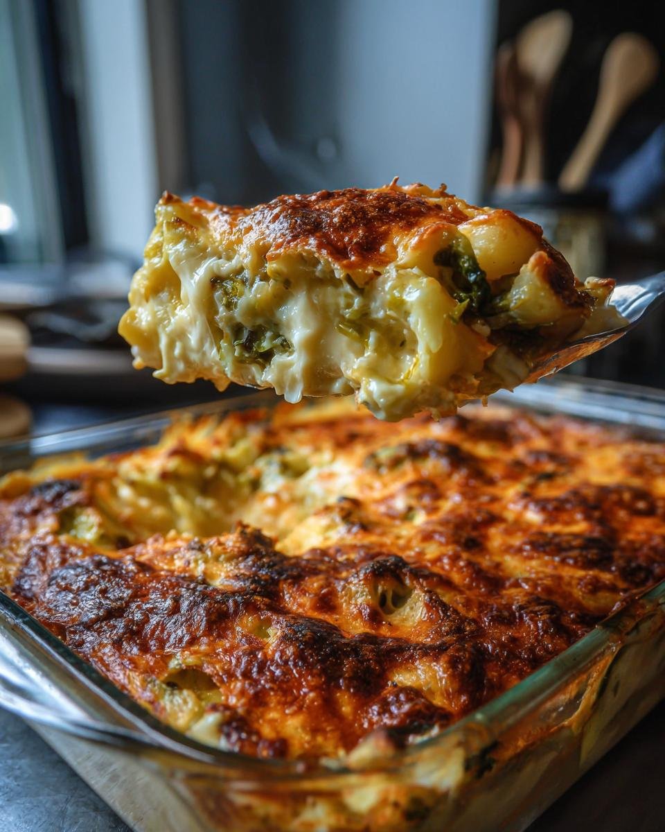 A spoonful of creamy Cauliflower Brussels Sprouts Casserole being lifted from a glass baking dish with a browned, cheesy top.