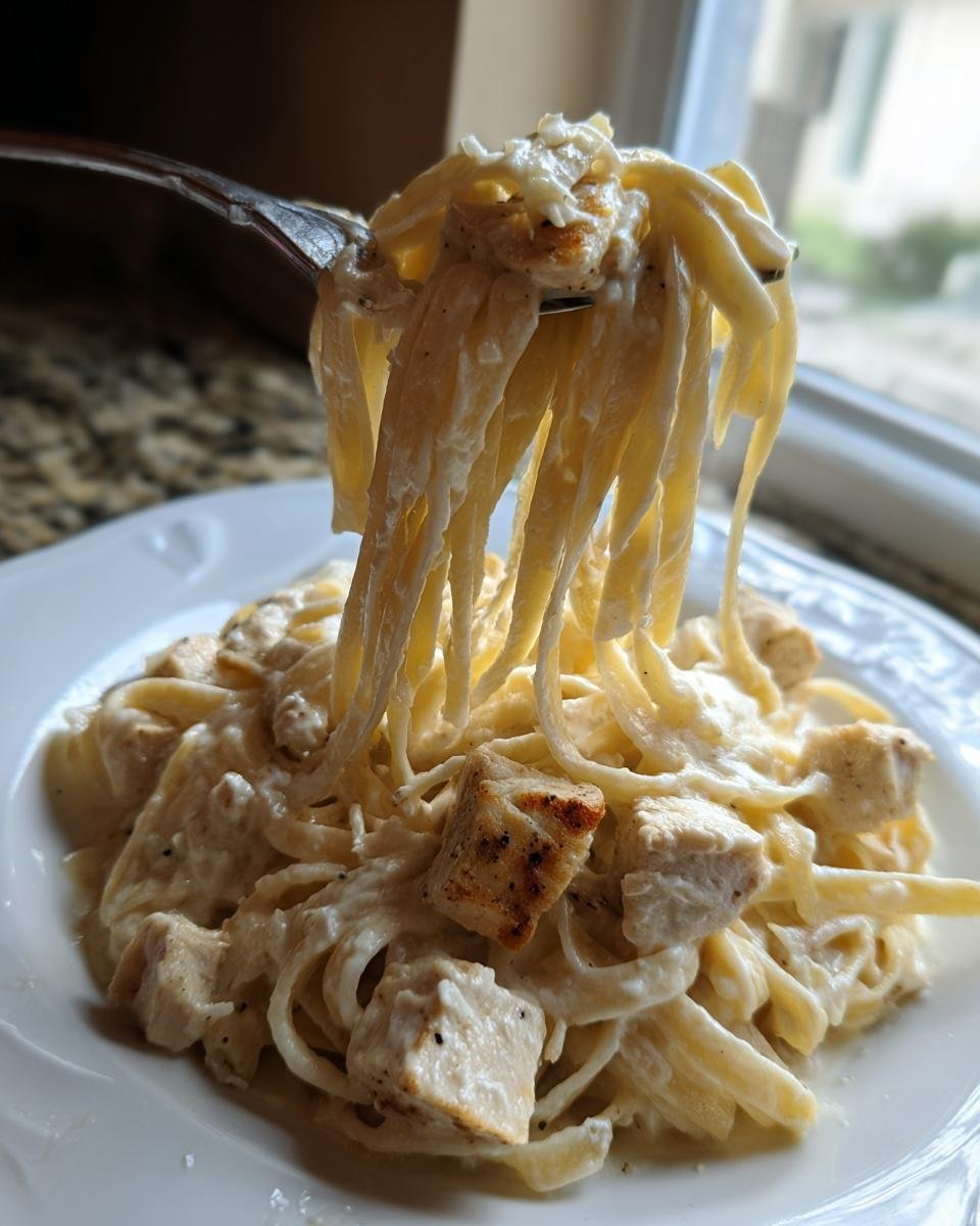 A fork lifting a generous portion of fettuccine coated in creamy sauce and chicken chunks from a plate of Irresistible Chicken Alfredo.