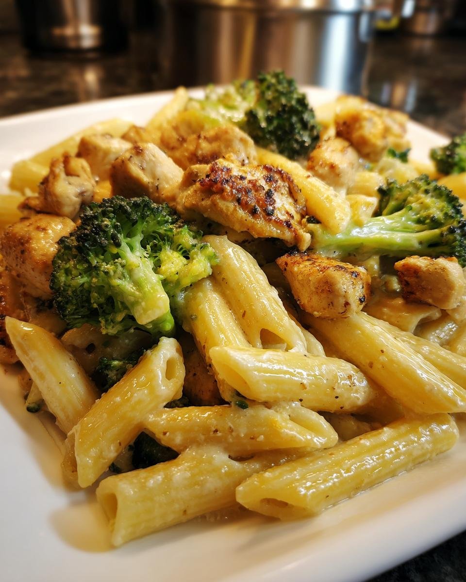 A close-up shot of creamy Chicken Broccoli Pasta featuring penne, seared chicken pieces, and bright green broccoli florets.