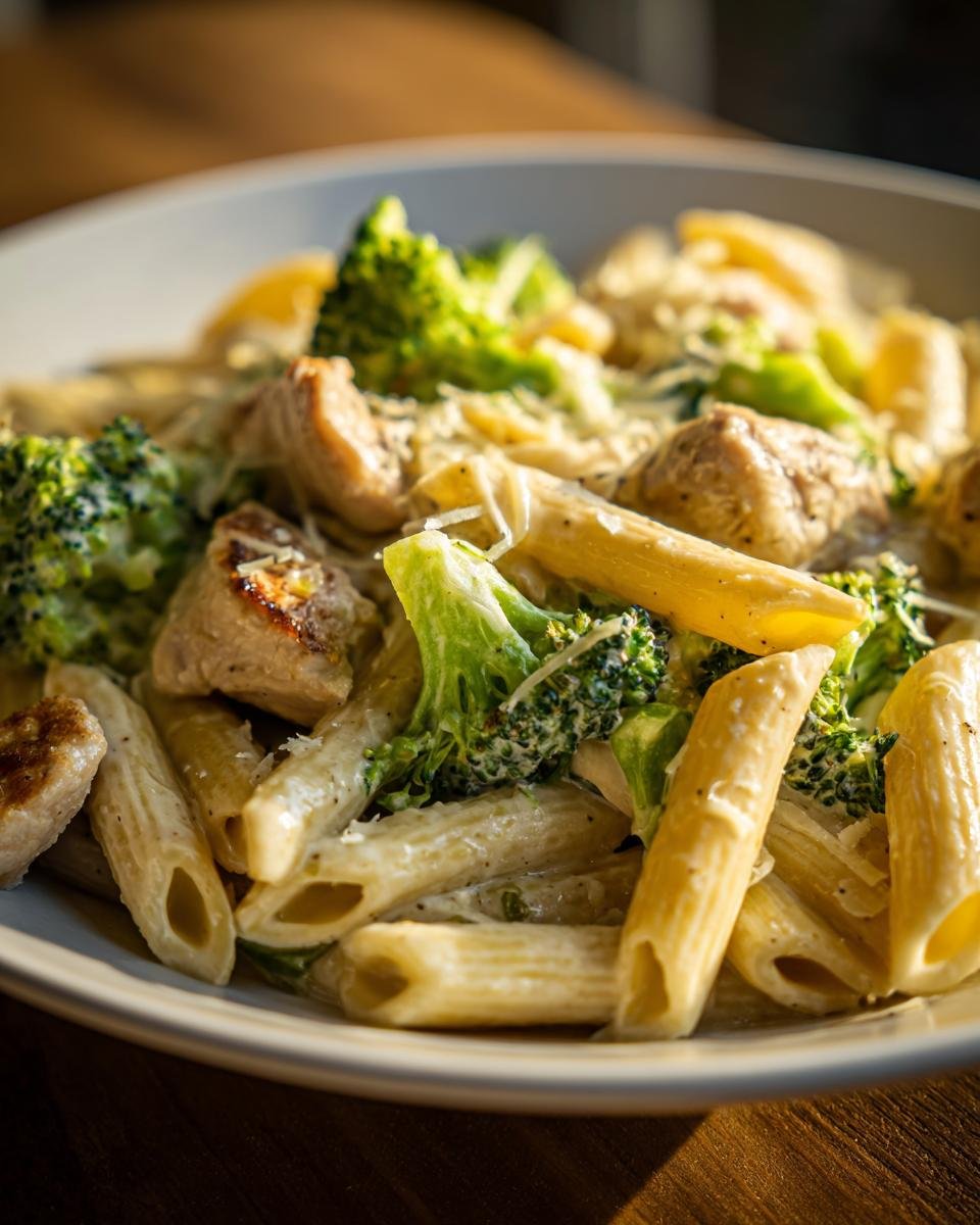 Close-up of a bowl filled with creamy Chicken Broccoli Pasta featuring penne, chunks of chicken, and bright green broccoli florets.