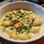 Close-up of a white bowl filled with Creamy Garlic Chicken Gnocchi Soup, topped with fresh parsley.