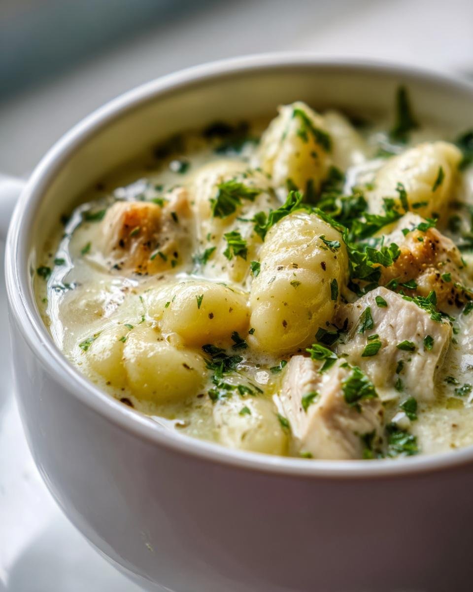 A close-up of a white bowl filled with rich Creamy Garlic Chicken Gnocchi Soup, topped with fresh parsley.