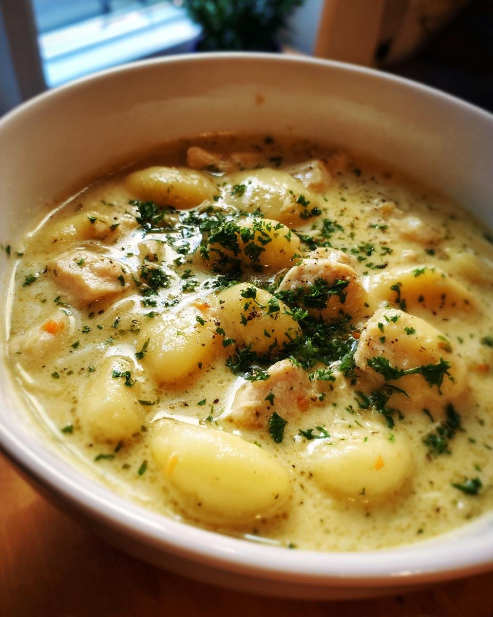 Close-up of a white bowl filled with Creamy Garlic Chicken Gnocchi Soup, topped with fresh parsley.