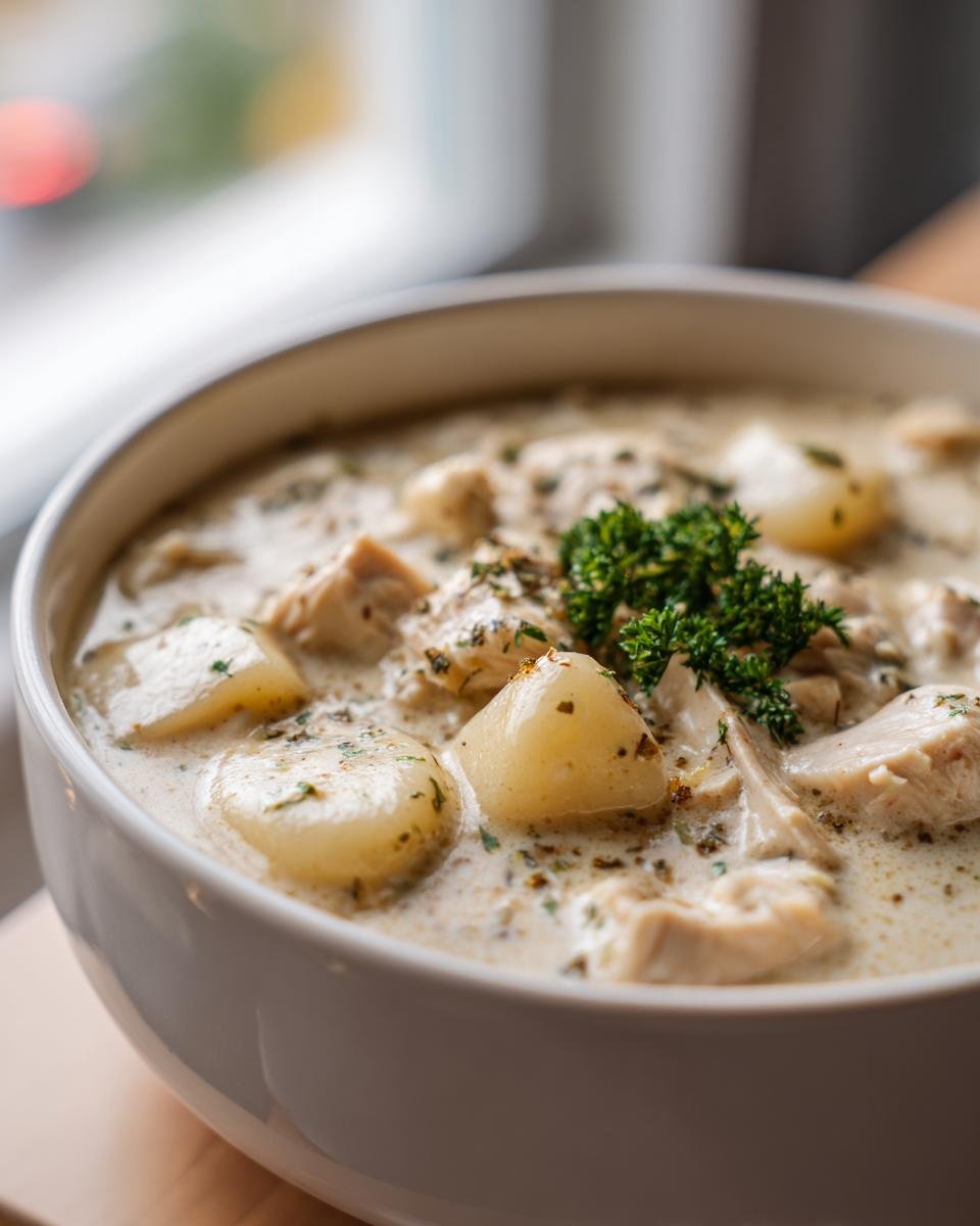 Close-up of a white bowl filled with rich Creamy Garlic Chicken Gnocchi Soup, garnished with parsley.