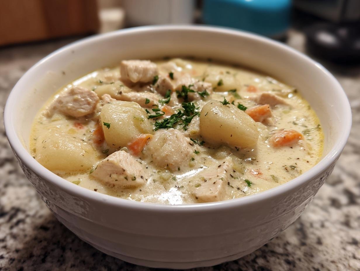 A close-up of a hearty bowl of Creamy Garlic Chicken Gnocchi Soup, featuring tender chicken, soft gnocchi, and carrots in a rich broth.