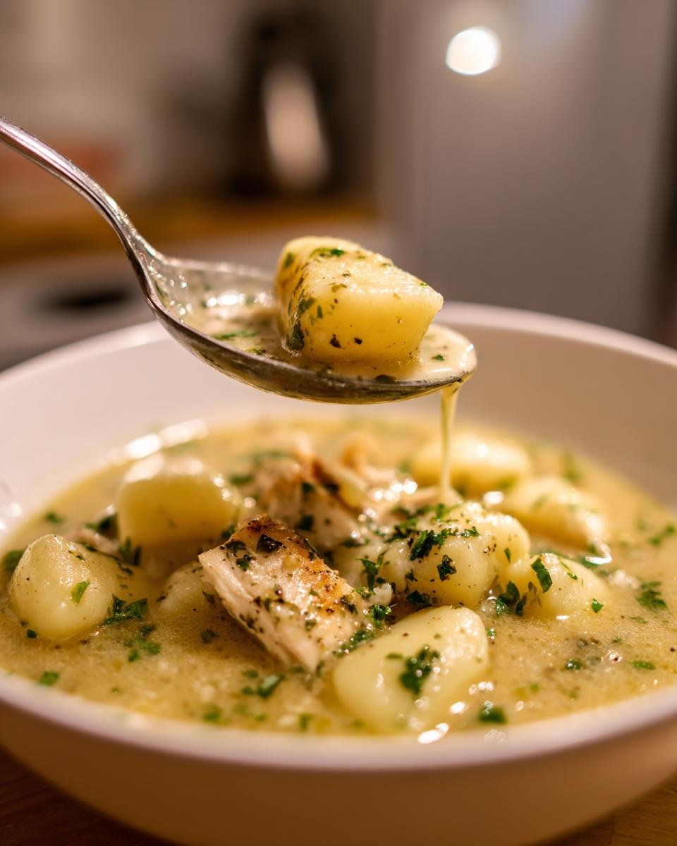 A spoonful of creamy garlic chicken gnocchi soup being lifted from a bowl, showing tender gnocchi and chicken pieces.