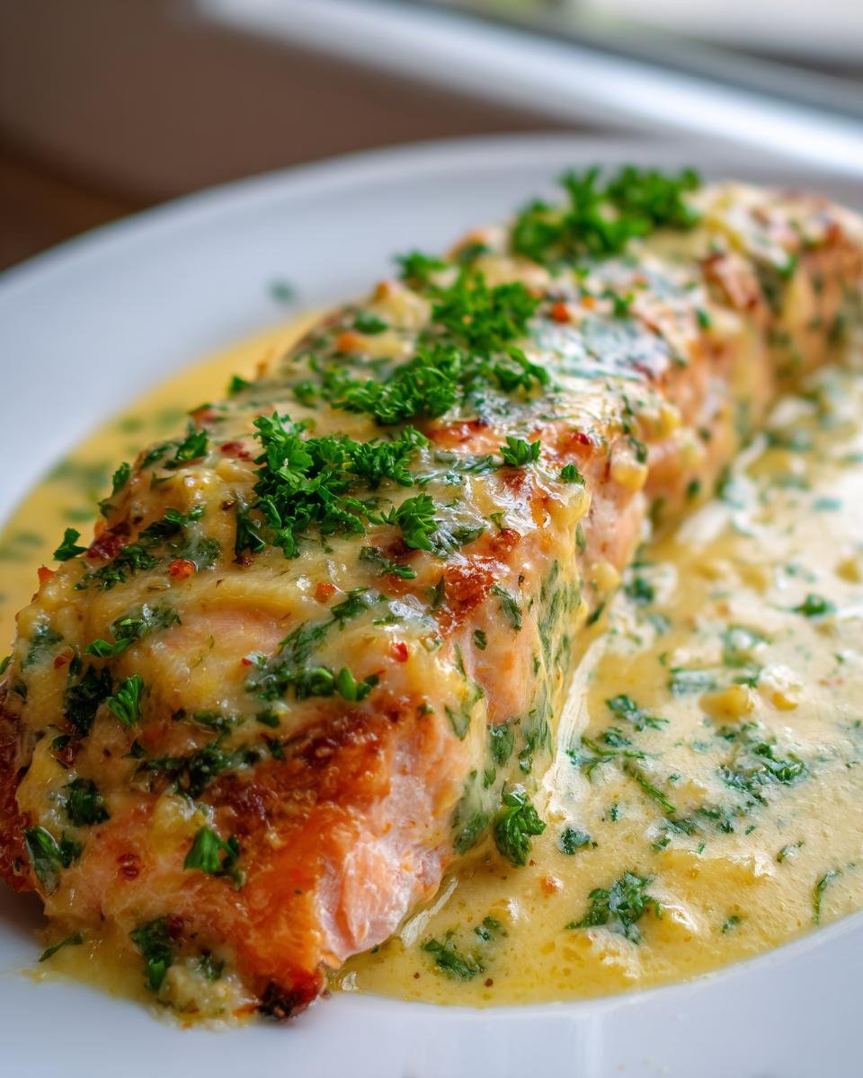 A perfectly cooked salmon fillet smothered in creamy garlic dijon sauce and topped with fresh parsley.