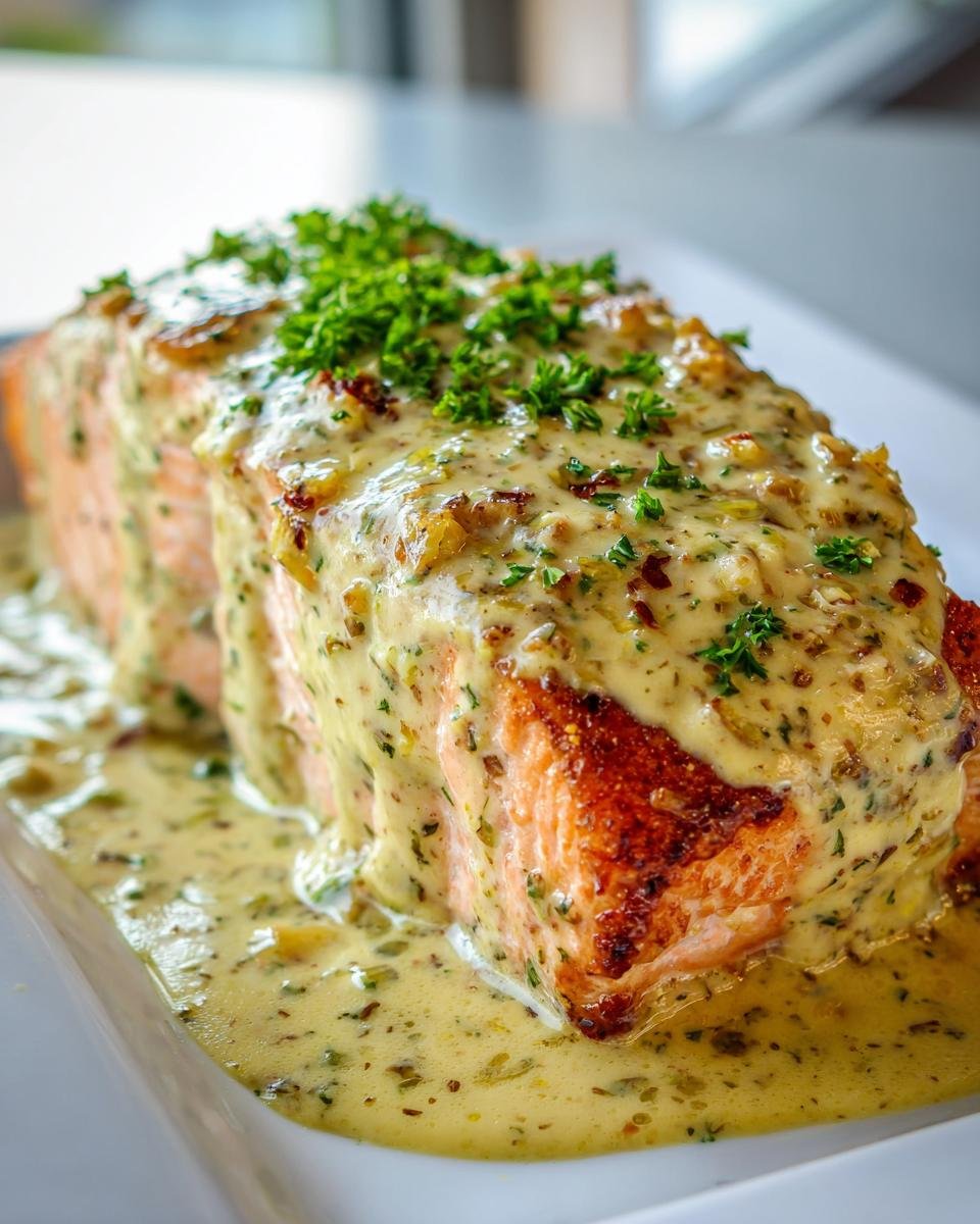 A perfectly cooked fillet of Creamy Garlic Dijon Salmon generously topped with rich sauce and fresh parsley.