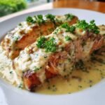 Three pan-seared salmon fillets covered in a rich, creamy garlic dijon sauce and topped with fresh parsley.