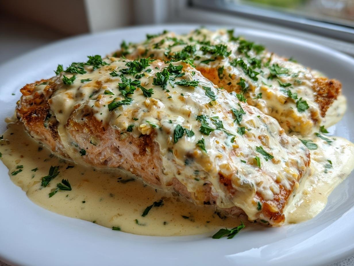 Two perfectly cooked salmon fillets smothered in a rich Creamy Garlic Dijon Salmon sauce and topped with fresh parsley.