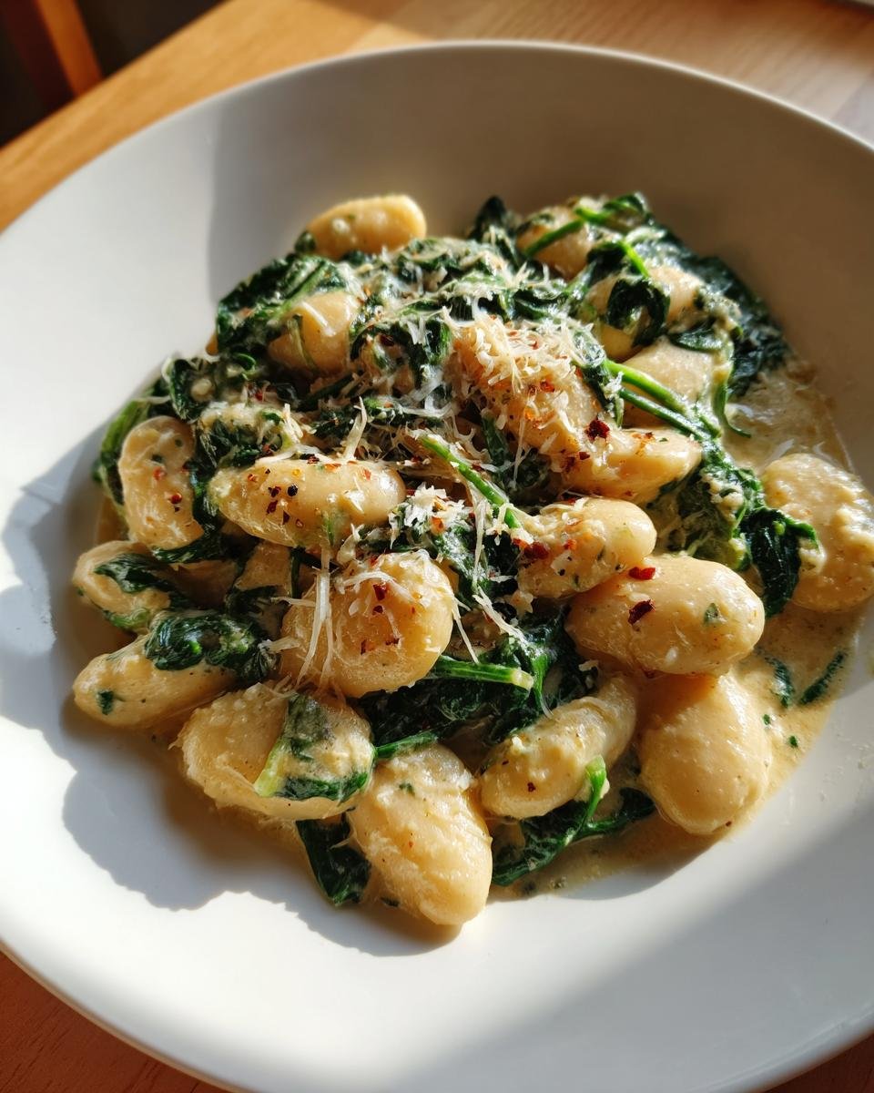 A bowl of creamy gnocchi mixed with spinach and topped with grated cheese, inspired by Tuscan Marry Me Butter Beans.