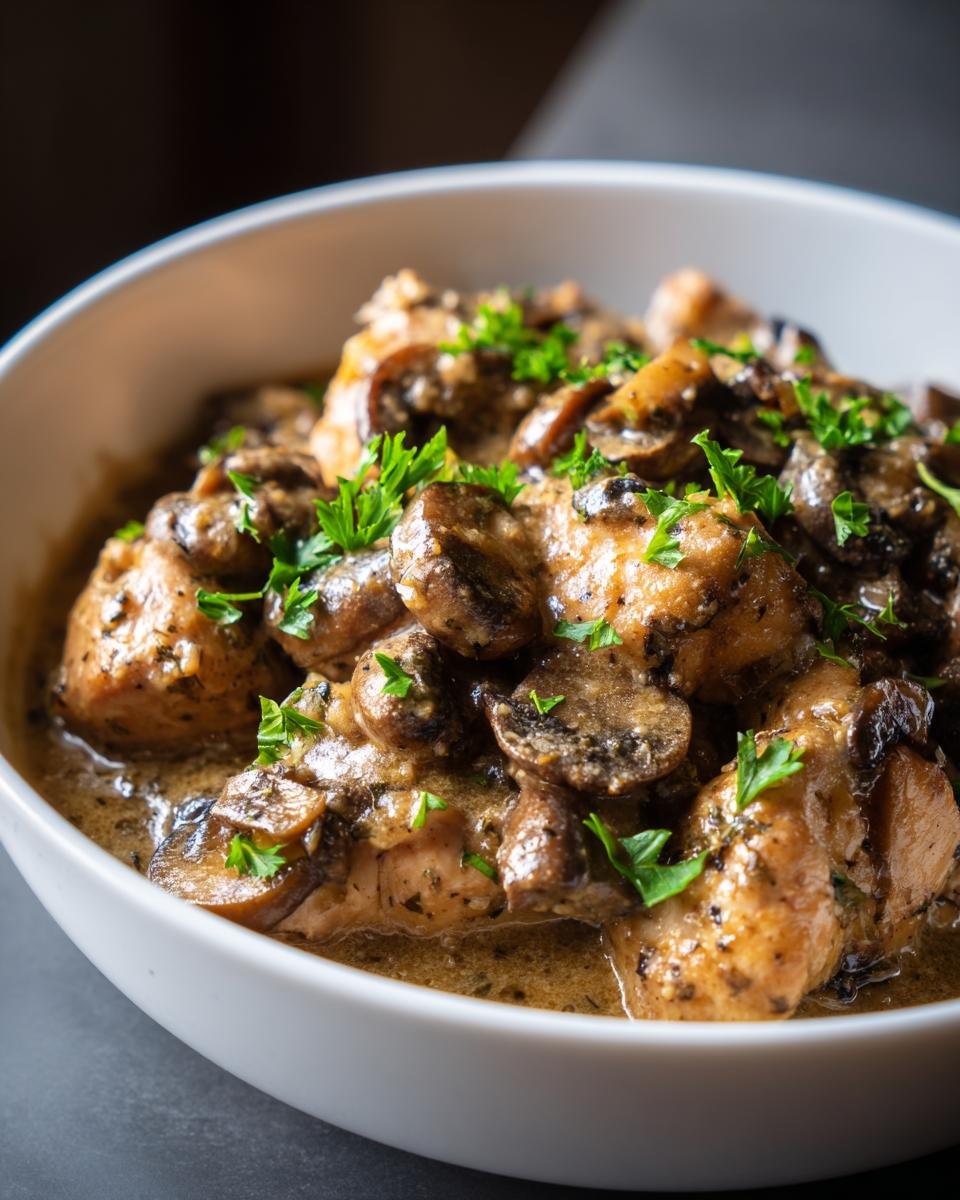 Close-up of tender chicken pieces smothered in a rich, creamy sauce with sliced mushrooms, garnished with fresh parsley, representing Creamy Instant Pot Chicken Marsala.