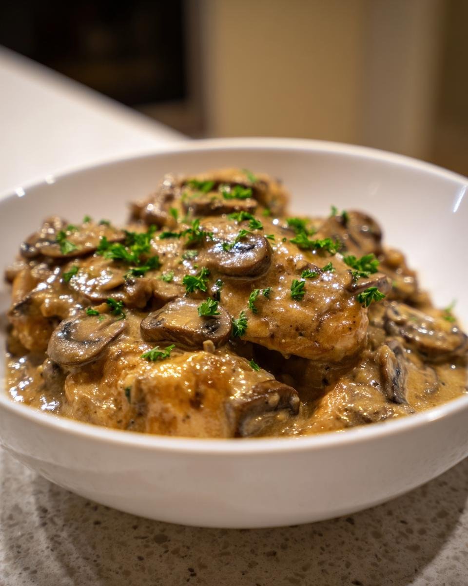 A white bowl filled with tender chicken pieces smothered in a rich, creamy sauce and sliced mushrooms, garnished with parsley. This is Creamy Instant Pot Chicken Marsala.