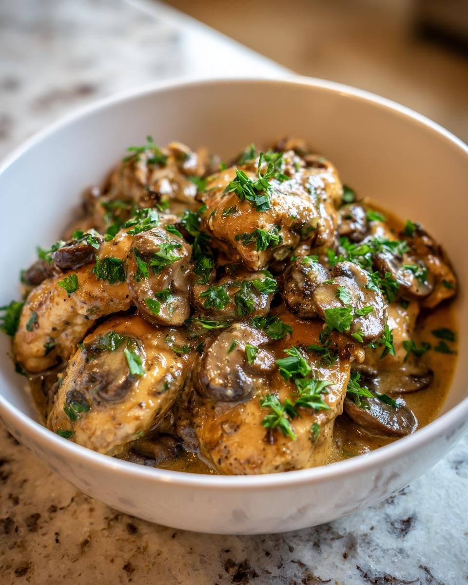 Close-up of tender chicken pieces smothered in a rich, creamy mushroom sauce, garnished with fresh parsley, representing Creamy Instant Pot Chicken Marsala.