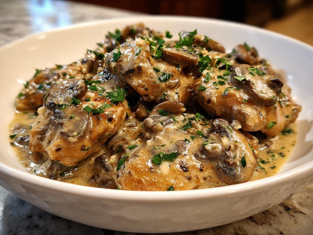 Close-up of tender chicken pieces coated in a rich, creamy mushroom sauce, garnished with parsley, representing Creamy Instant Pot Chicken Marsala.