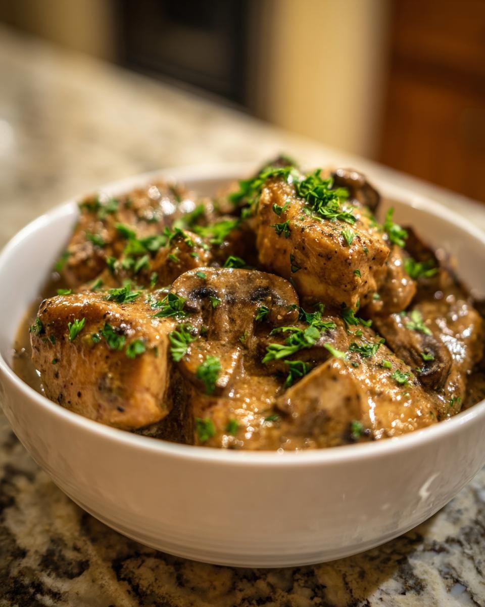 A white bowl filled with rich, creamy Instant Pot Chicken Marsala, garnished with fresh parsley.