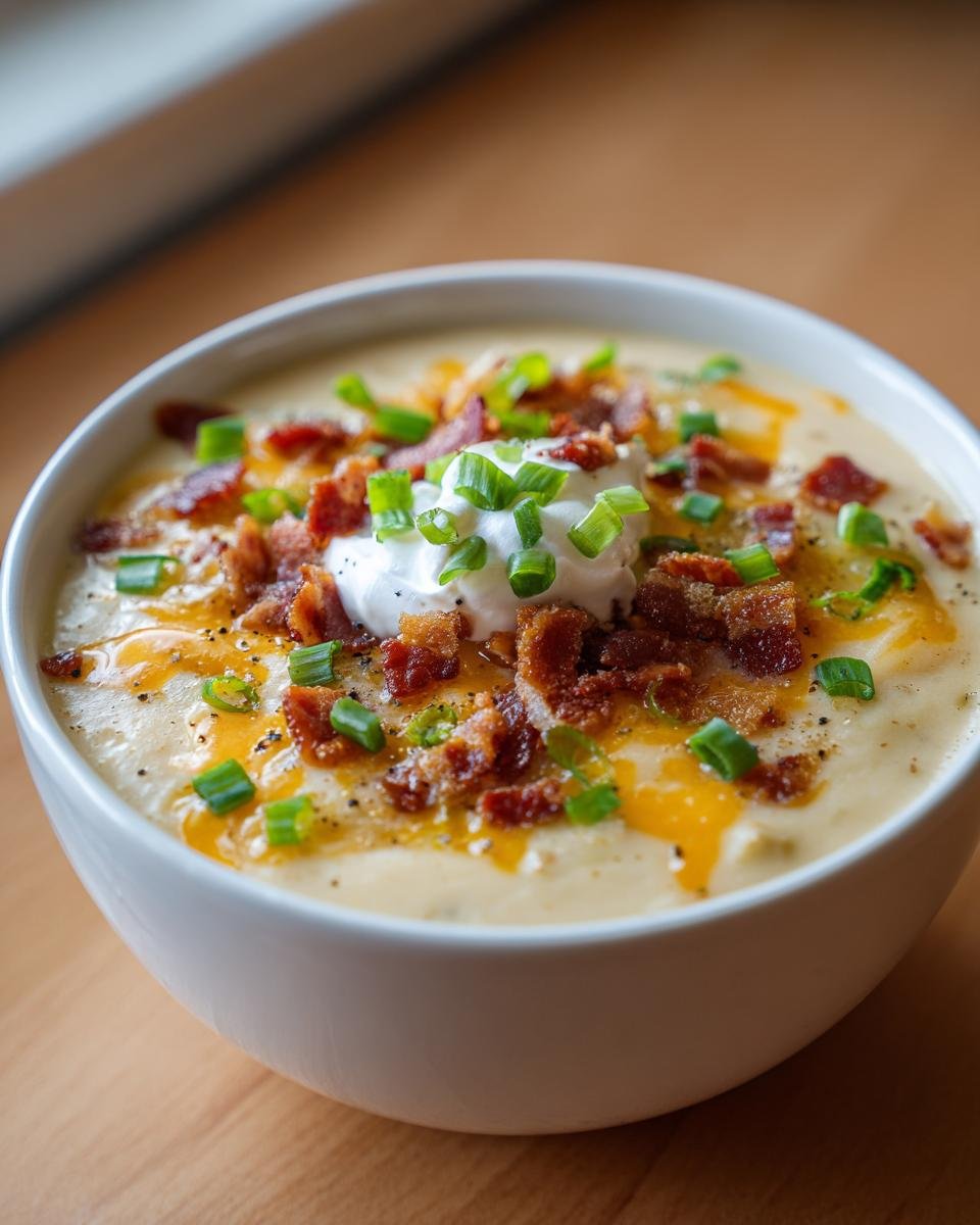 A close-up of a bowl of creamy Loaded Baked Potato Soup topped with sour cream, bacon, cheese, and chives.