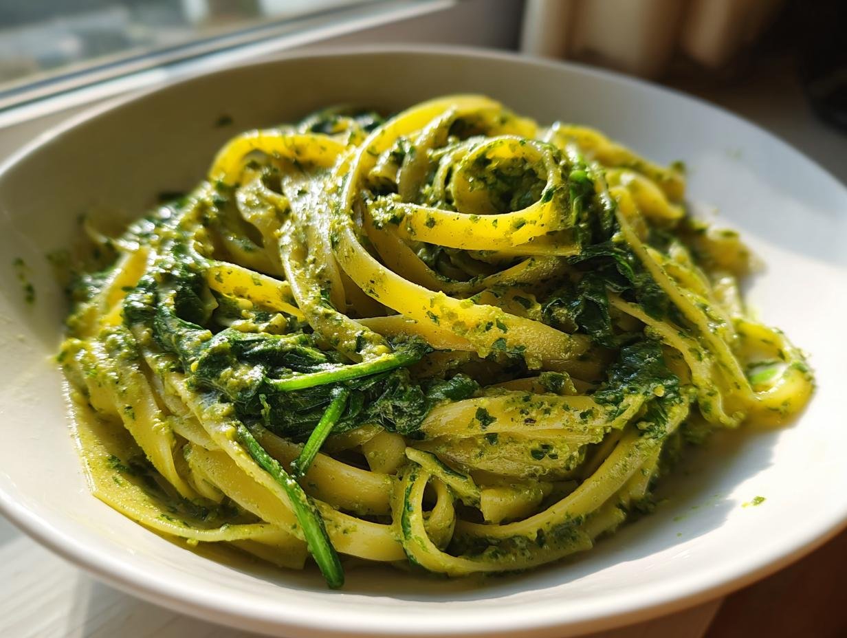 Close-up of fettuccine coated in vibrant green sauce, featuring wilted spinach, in a white bowl: Creamy Pesto Pasta With Spinach.