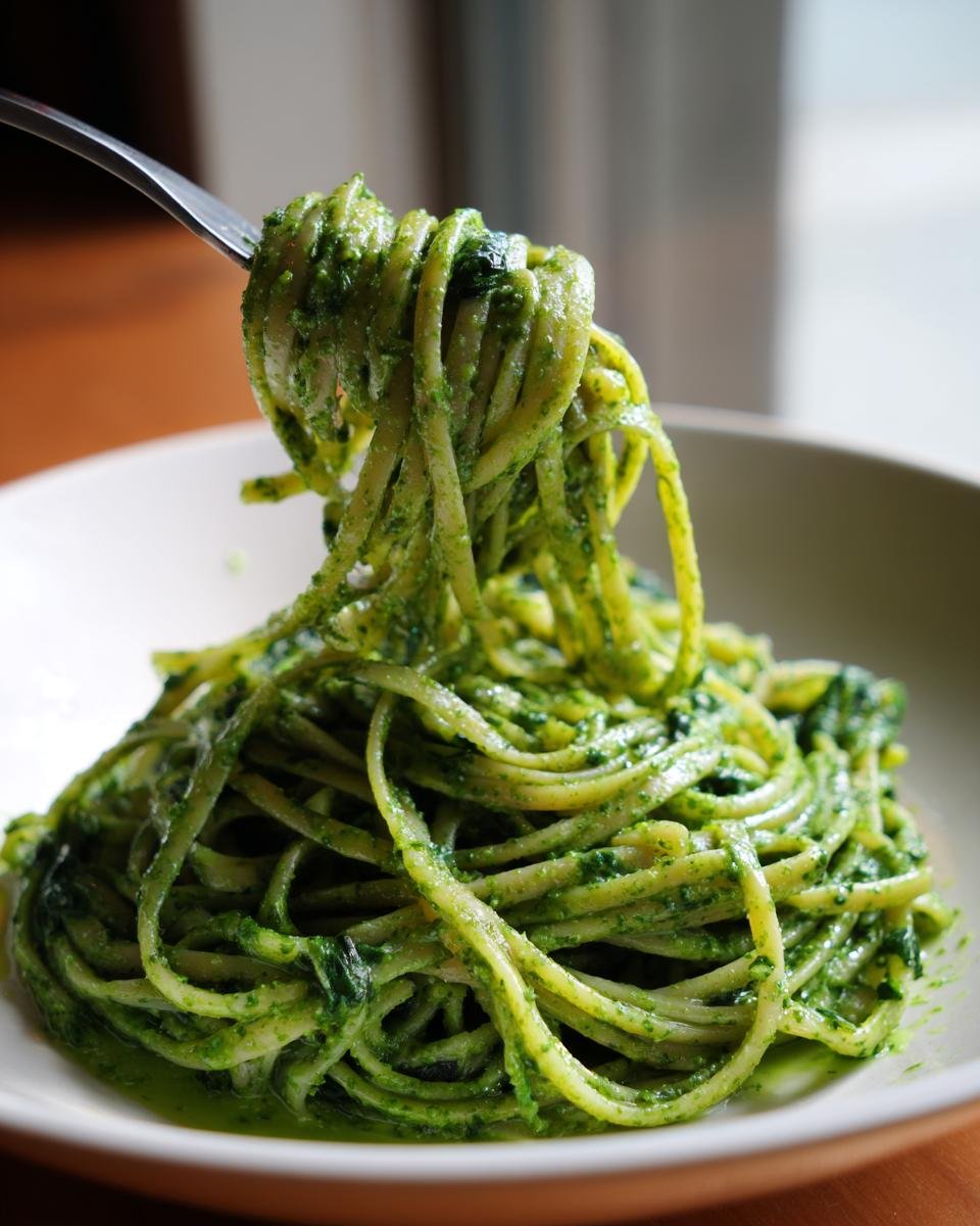 A fork lifting a generous swirl of linguine coated in bright green Creamy Pesto Pasta With Spinach sauce.
