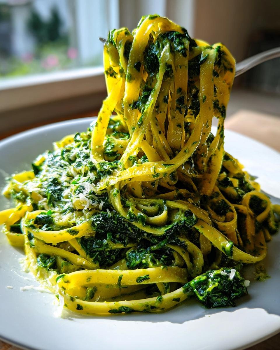 A fork lifts a tangle of fettuccine coated in green sauce for Creamy Pesto Pasta With Spinach.