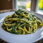 A close-up of a generous serving of Creamy Pesto Pasta With Spinach tossed in a white bowl.