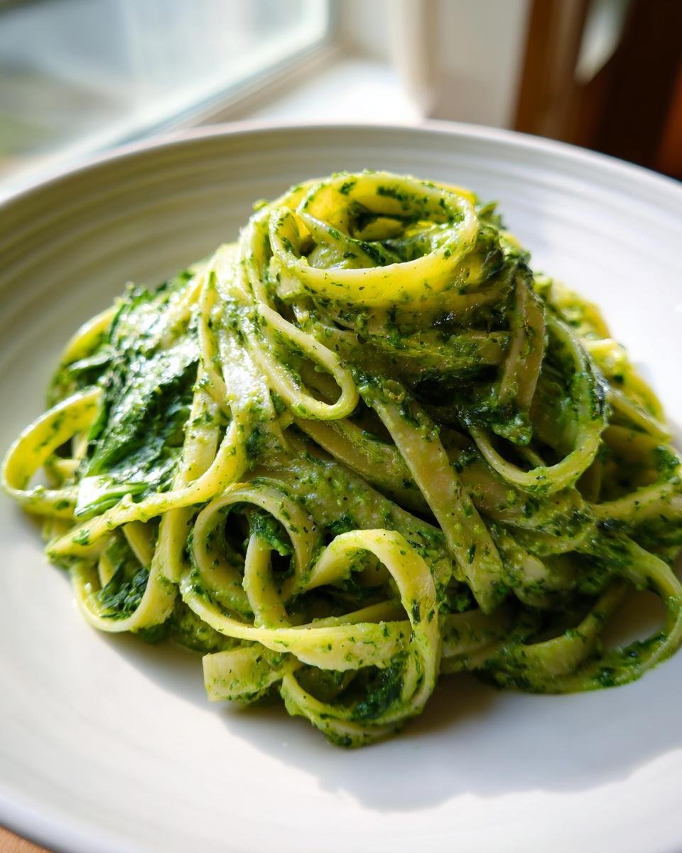A swirl of fettuccine coated in vibrant green sauce in a Creamy Pesto Pasta With Spinach dish.