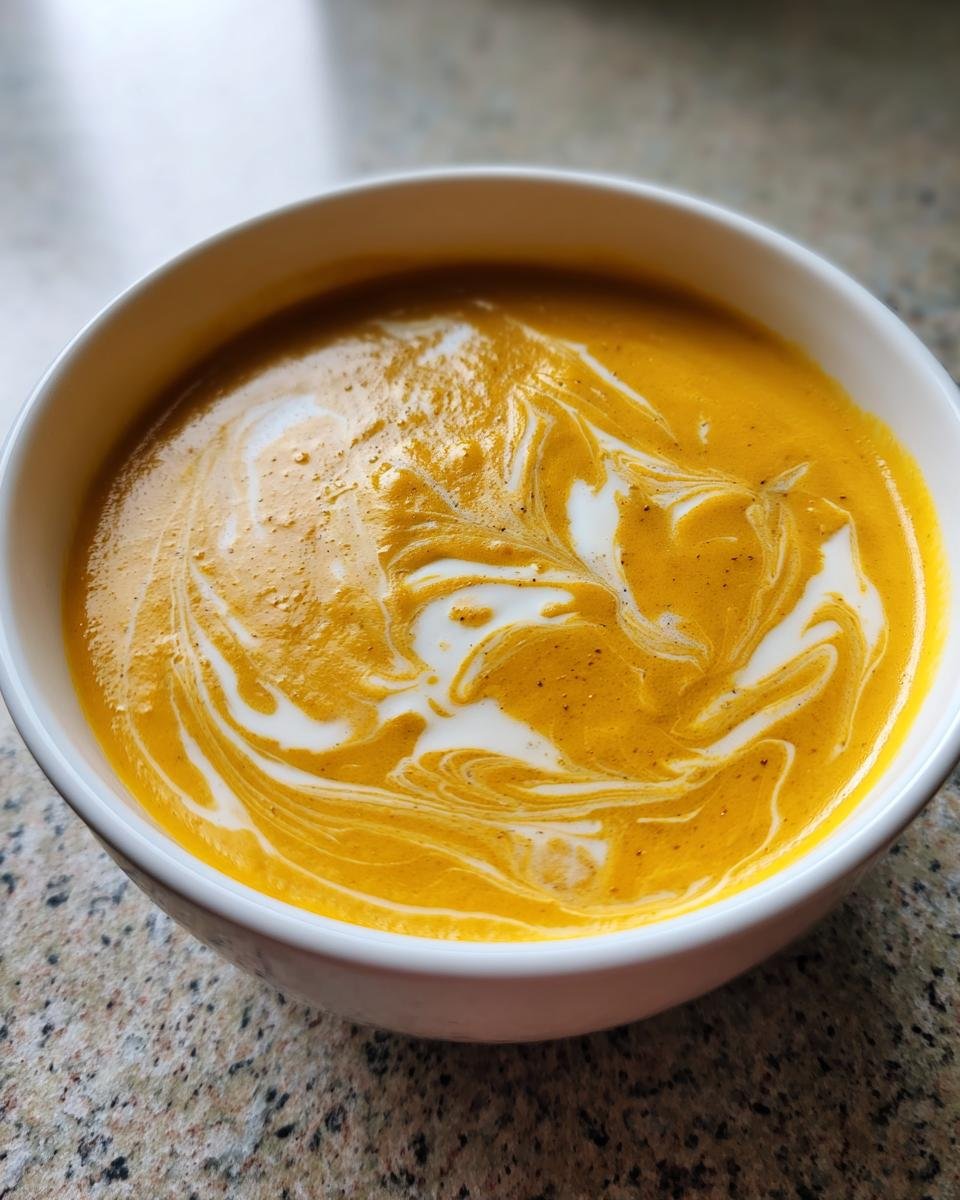 Close-up of a bowl of creamy, orange Roasted Broccoli Cheddar Soup swirled with cream.
