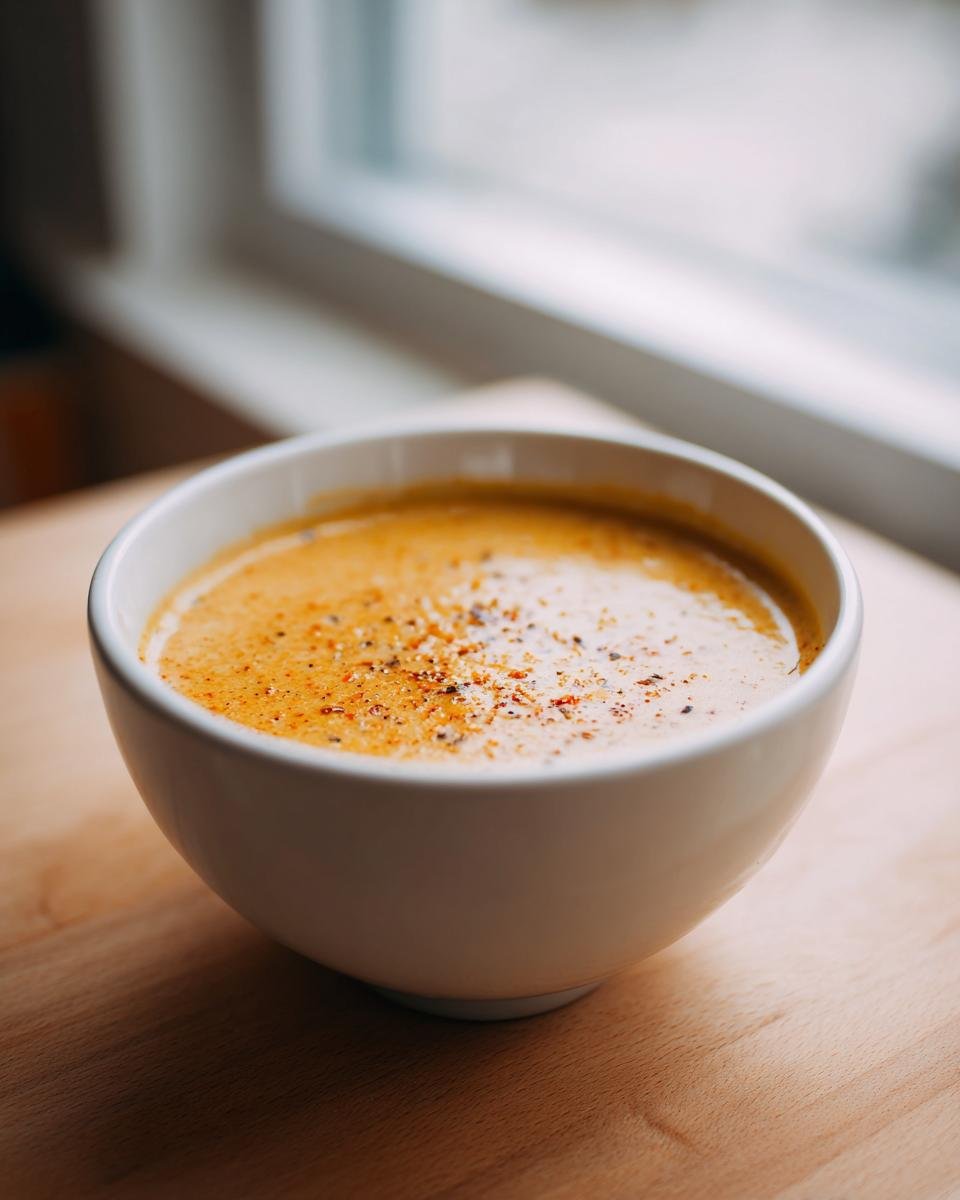 A white bowl filled with hot Creamy Roasted Garlic Cauliflower Chickpea Soup, topped with cracked pepper.