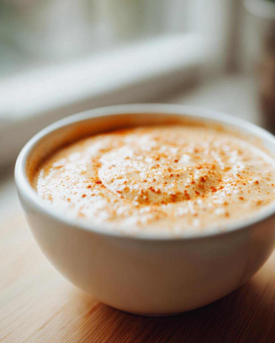 Close-up of a white bowl filled with creamy roasted garlic cauliflower chickpea soup, topped with paprika.