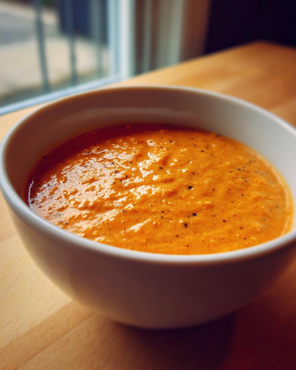 Close-up of a white bowl filled with thick, orange-hued Creamy Roasted Garlic Cauliflower Chickpea Soup, seasoned with black pepper.