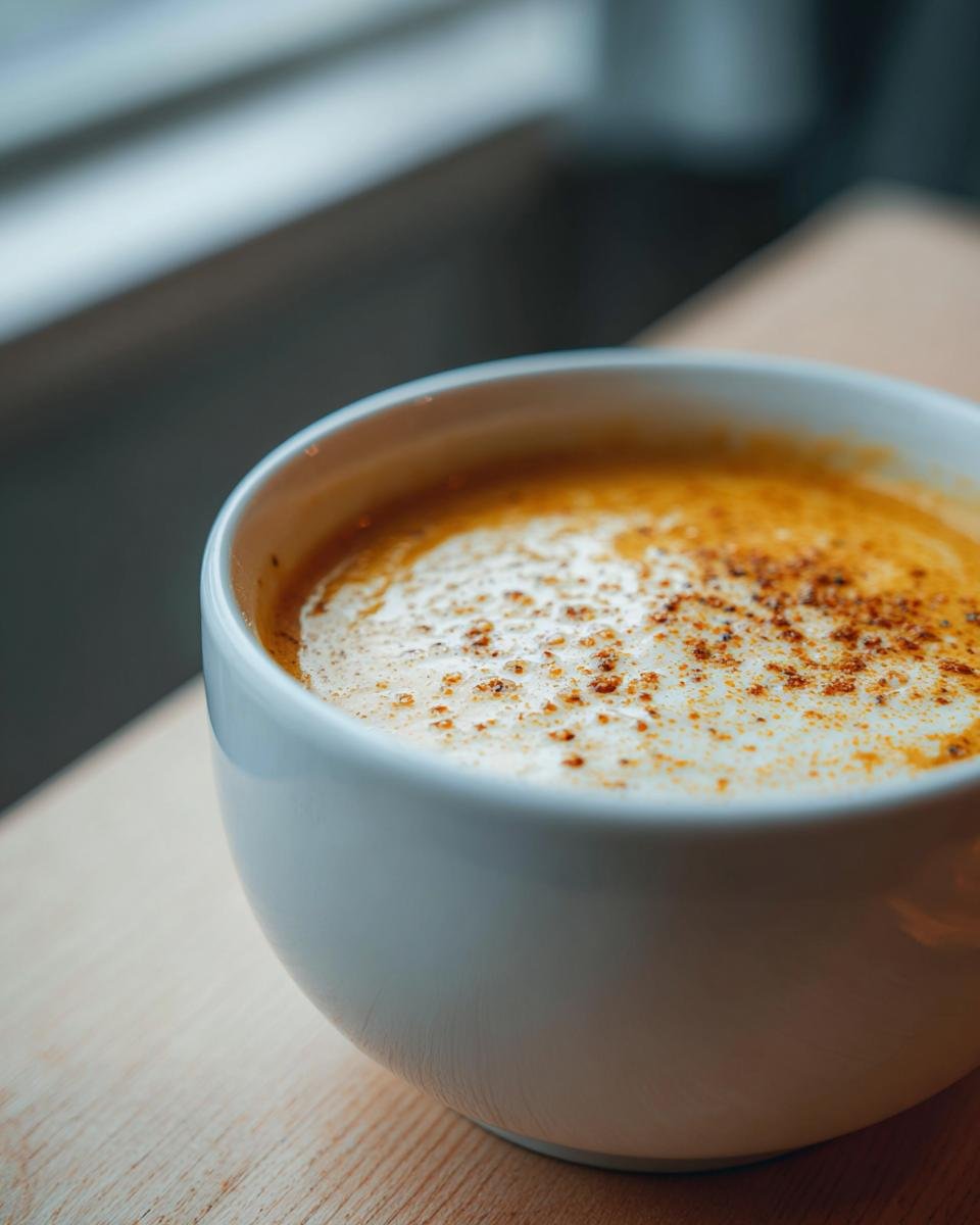 Close-up of rich, creamy roasted garlic cauliflower chickpea soup topped with spices in a white mug.