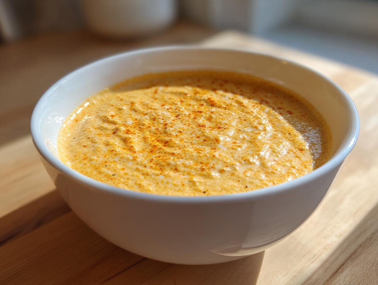 A close-up of a white bowl filled with thick, creamy roasted garlic cauliflower chickpea soup, topped with paprika.
