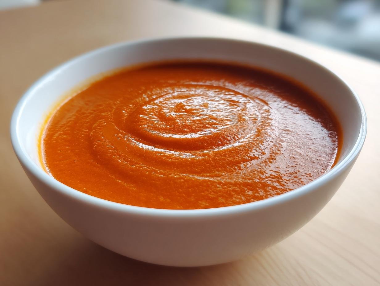 A close-up of a white bowl filled with vibrant orange Creamy Roasted Red Pepper Tomato Soup, showing a swirl pattern on the surface.