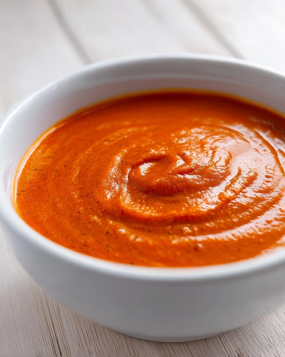 A close-up, top-down view of rich, orange-red Creamy Roasted Red Pepper Tomato Soup swirled in a white bowl.