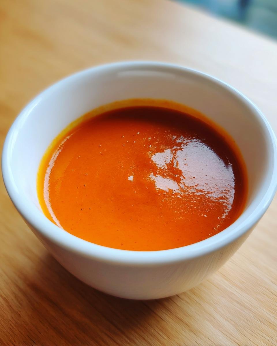 Close-up of a white bowl filled with vibrant orange Creamy Roasted Red Pepper Tomato Soup.