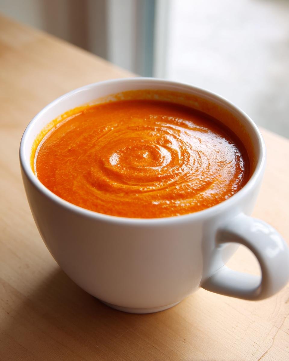 Close-up of a white mug filled with vibrant orange Creamy Roasted Red Pepper Tomato Soup, showing a swirl pattern on top.