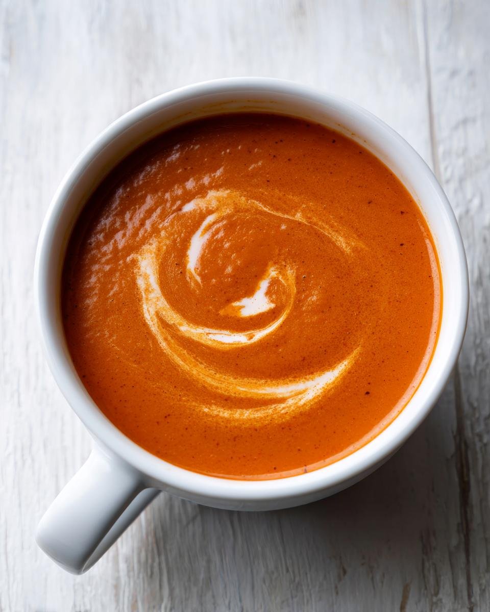 Overhead view of rich orange Creamy Roasted Red Pepper Tomato Soup swirled with cream in a white mug.