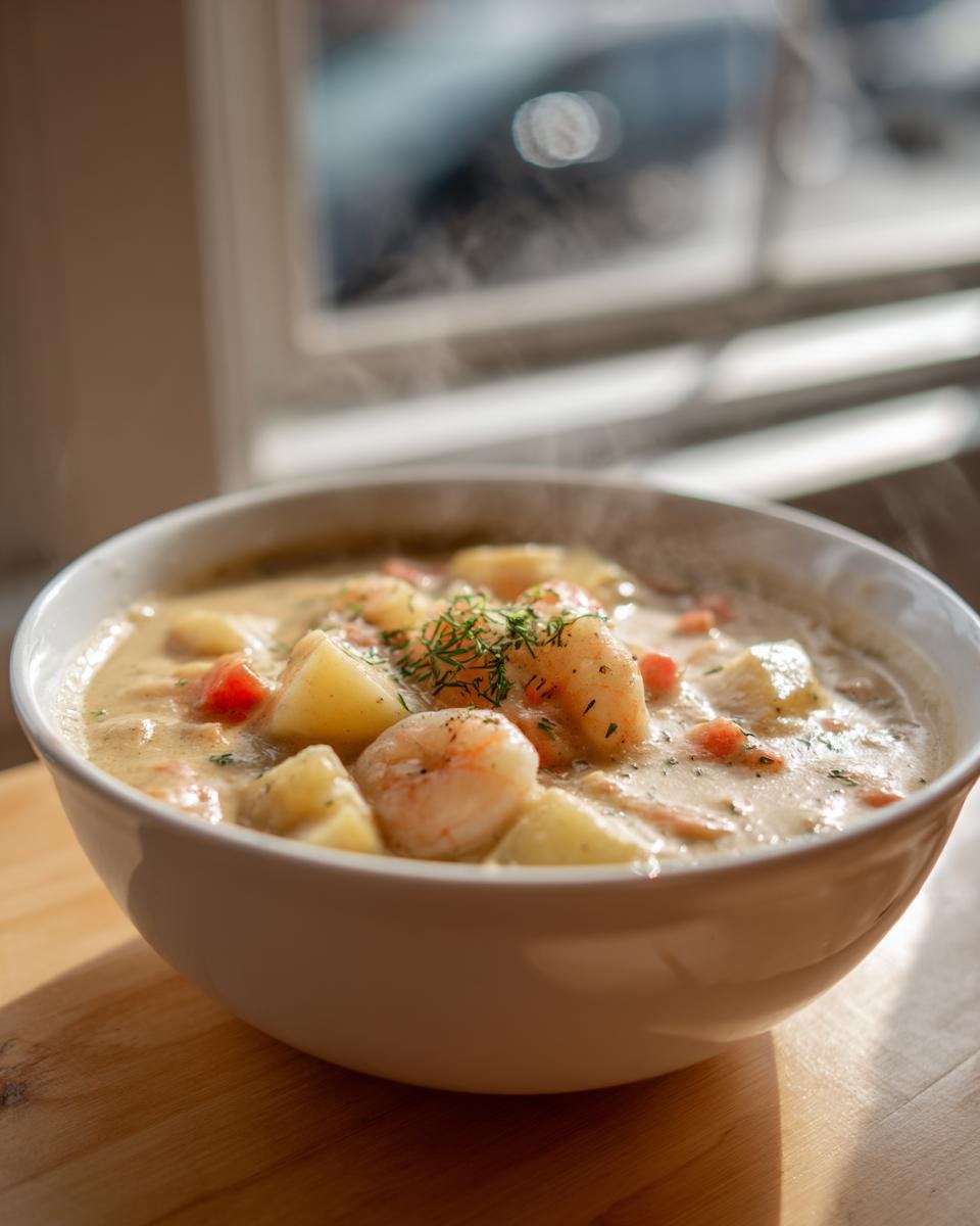 A close-up of a steaming white bowl filled with creamy seafood chowder recipe, featuring shrimp, potatoes, and carrots.
