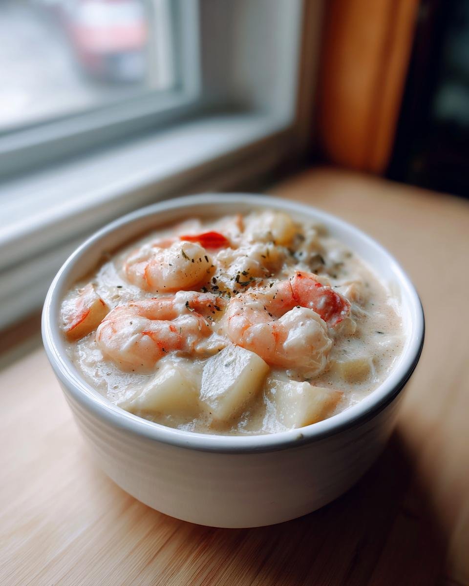 A close-up of a white bowl filled with Creamy Seafood Chowder Recipe, featuring large shrimp and potato chunks.