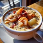 A close-up of a white mug filled with rich, creamy seafood chowder recipe, topped with shrimp and bacon bits.