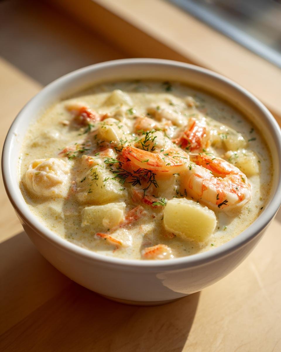 Close-up of a hearty bowl of Creamy Seafood Chowder Recipe, featuring shrimp, potatoes, and fresh dill.