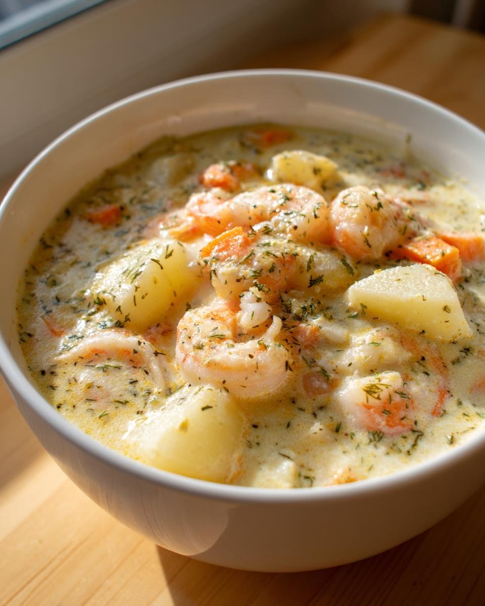 Close-up of a white bowl filled with Creamy Seafood Chowder Recipe featuring shrimp, potatoes, and carrots, topped with herbs.