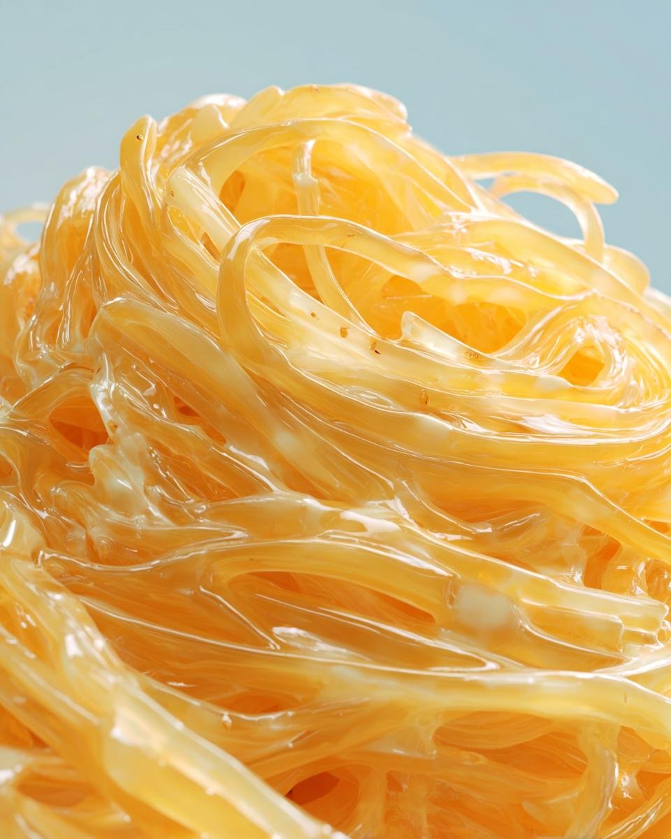 Extreme close-up of glossy, golden strands of Creamy Spaghetti Squash coated in a light sauce.