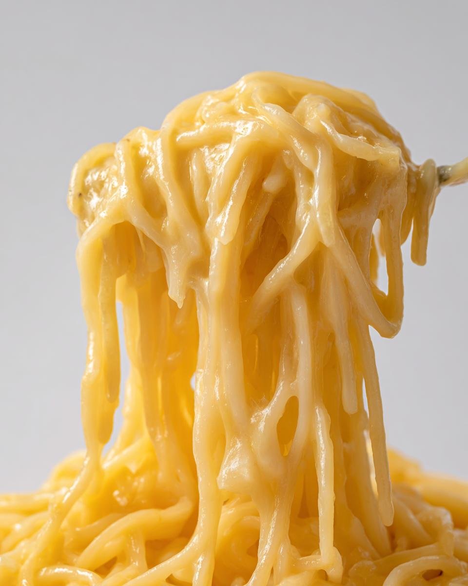 A fork lifting strands of rich, cheesy Creamy Spaghetti Squash coated in a thick, yellow sauce.