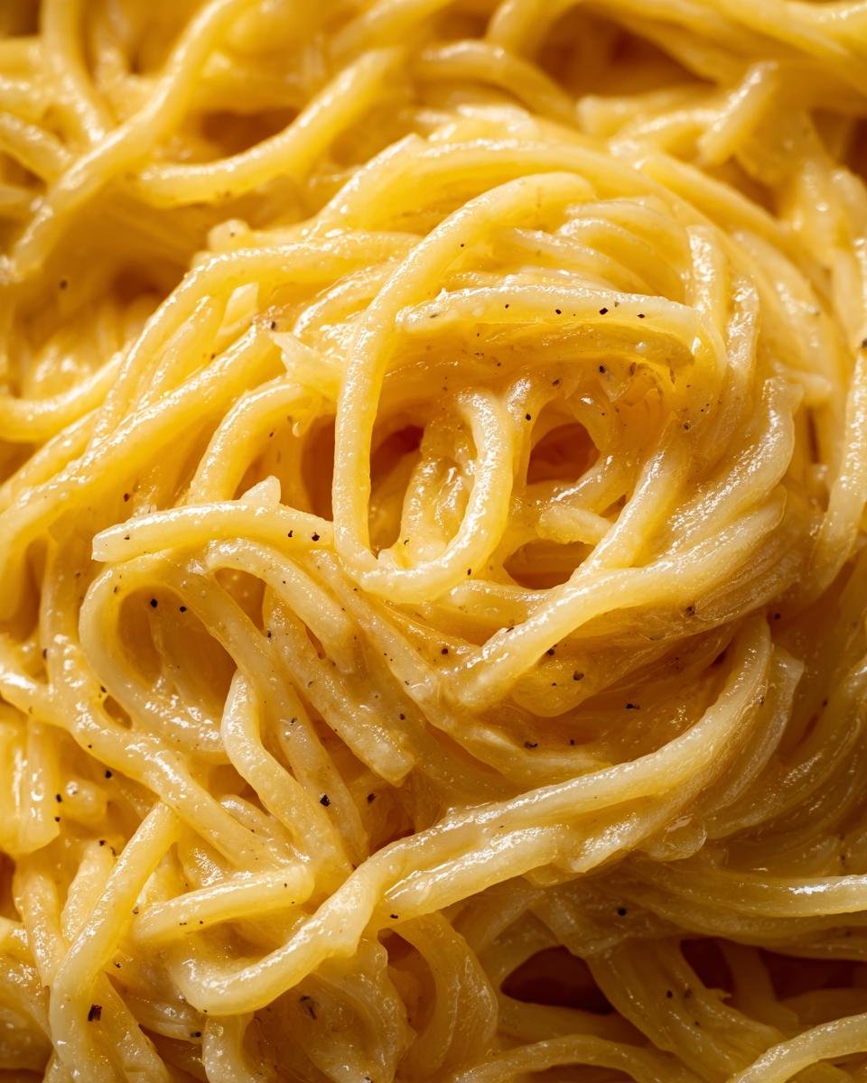 Extreme close-up of tender, creamy spaghetti squash strands coated in a rich, cheesy sauce with flecks of black pepper.