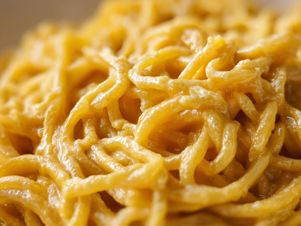 Extreme close-up showing the stringy texture coated in a rich, creamy sauce of Creamy Spaghetti Squash.